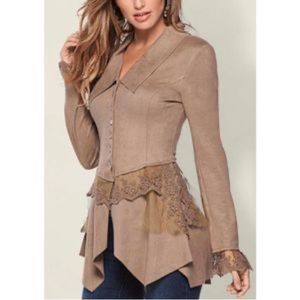 Cindy Oh Faux Suede Lace Button Up Long Sleeve Blouse. Size Medium.